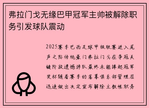 弗拉门戈无缘巴甲冠军主帅被解除职务引发球队震动 弗拉门戈无缘巴甲冠军主帅被解除职务引发球队震动