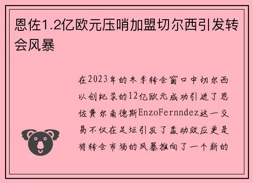 恩佐1.2亿欧元压哨加盟切尔西引发转会风暴 恩佐1.2亿欧元压哨加盟切尔西引发转会风暴