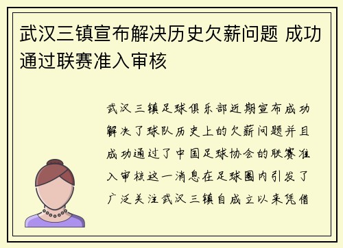 武汉三镇宣布解决历史欠薪问题 成功通过联赛准入审核 武汉三镇宣布解决历史欠薪问题 成功通过联赛准入审核